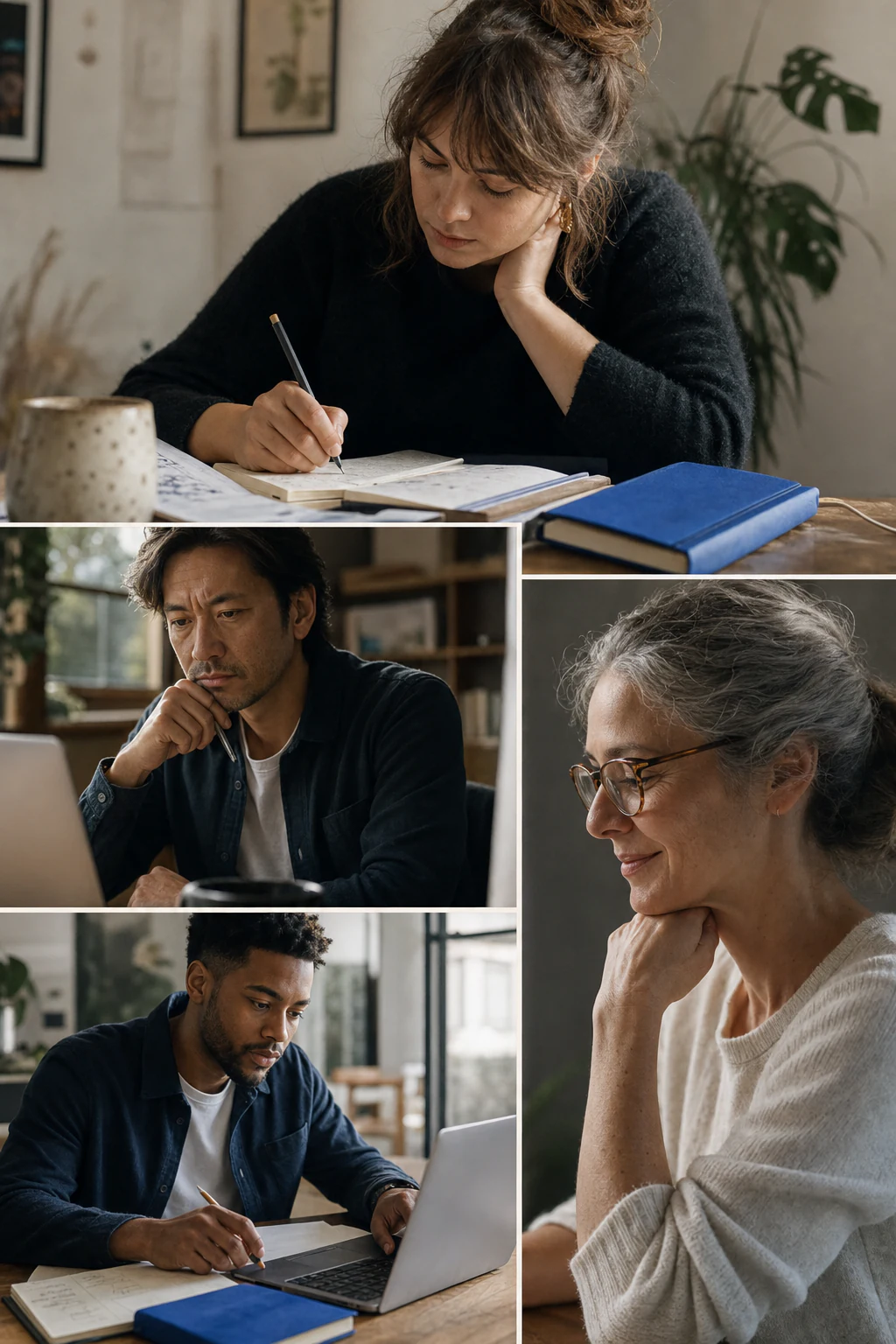 Four adult AI43 learners thinking, taking notes, and working on laptops in warm, lived-in home settings
